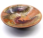 Studio Art Pottery Drip Glaze Footed Fruit Console Bowl Plum Golds Greens Rustic. Fixed Price $22.45.